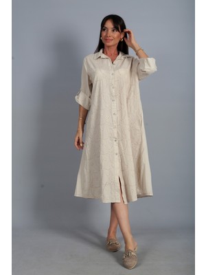 By Saygı Kadın Italyan Cotton Cepli Kabartma Çiçek Nakış Işlemeli Oversize Uzun Elbise