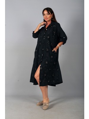 By Saygı Kadın Italyan Cotton Cepli Kabartma Nakışlı Pullu Oversize Uzun Elbise