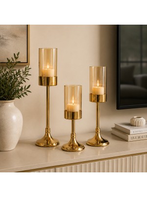 Vien Home Gold Metal Ayaklı Amber Cam Mumluk 3'lü Set – Amber Cam Dekoratif Şamdan (20-25-30 Cm)