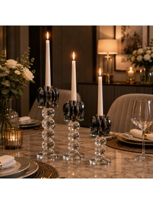 Vien Home Lüx Kristal 3'lü Şamdan Mumluk Seti – Füme Taş Detaylı Dekoratif Cam Mumluk