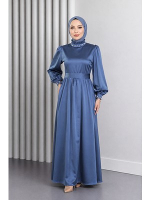 Missvalle Incili Saten Abiye Indigo 19121