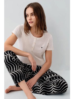 Pierre Cardin Paris Premium Kadın Rahat Modal Pamuklu Bisiklet Yaka Desenli Kısa Kol Pijama Takım