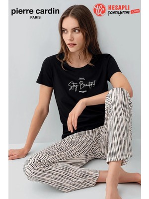 Pierre Cardin Paris Premium Büyük Beden Kadın Stay Beautiful Siyah Çizgili Kısa Kol Pijama Takım