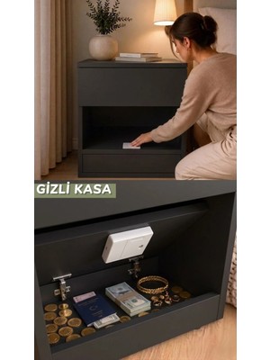 Fahrettin Küçük Gizli Komodin - Kasalı Komodin - Gizli Bölmeli Komodin - Akıllı Kasa - Komodin- Gizli Çekmece Komdin- Gizli Kasa Komodin- Kartlı Komodin Antrasit Siyah