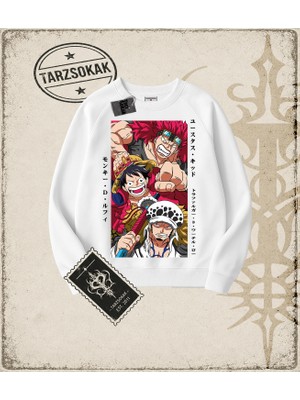 Tarzsokak One Piece Anime Karakterleri  Oversize Unisex Bisiklet Yaka Sweatshirt Beyaz