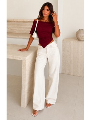 Öz Pamuk Kadın Kayık Yaka ÖNÜ Dökümlü Asimetrik Kesim Büzgü Detaylı Rahat Kalıp Esnek Kumaş Bluz