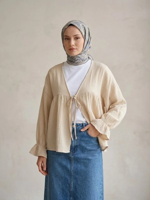 Miostil Önü Bağlamalı Kısa Kimono-Bej