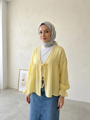 Miostil Önü Bağlamalı Kısa Kimono-Sarı
