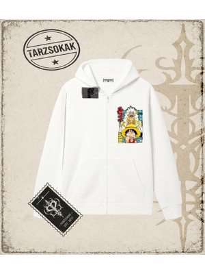 Tarzsokak One Piece Anime Karakterleri  Oversize Unisex Hırka & Çeket Fermuarlı Sweatshirt Beyaz