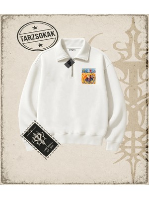 Tarzsokak One Piece Anime Karakterleri  Unisex Polo Yaka Yarım Fermuarlı Sweatshirt Beyaz