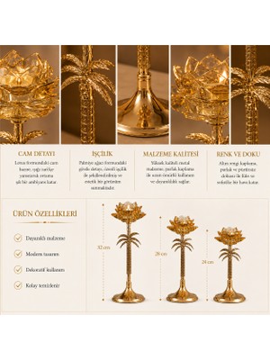 Vien Home Palmiye Desenli Gold Cam Lotus Şamdan – 3 Boy Dekoratif Mumluk