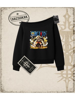 Tarzsokak One Piece Anime Karakterleri  Kadın Kayık Yaka Sweatshirt Beyaz