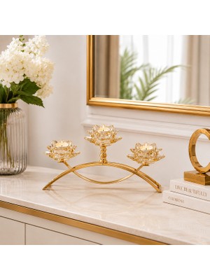 Vien Home Altın Lotus 3 Saplı Kristal Cam Mumluk – Dekoratif Şamdan