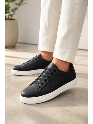 Mevese Austin Bağcıklı Cilt Erkek Günlük Sneaker Ayakkabı - Siyah Beyaz