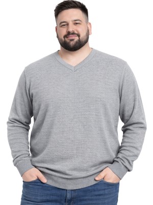 Battal Moda Erkek Büyük Beden Gri V Yaka Triko Kazak 3xl-4xl-5xl-6xl