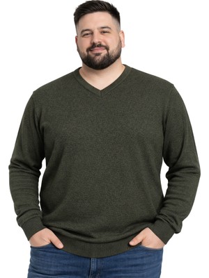 Battal Moda Erkek Büyük Beden Haki V Yaka Triko Kazak 3xl-4xl-5xl-6xl