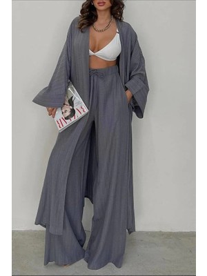 Nana & Mayka Moda Kadın Antrasit Gri Kimono Takım Uzun Yırtmaçlı Gofre Dokulu Pantolonlu Bohem Yazlık Kombin