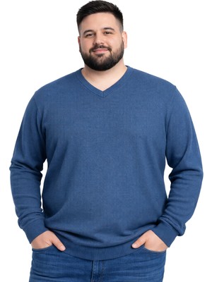 Battal Moda Erkek Büyük Beden Indigo V Yaka Triko Kazak 3xl-4xl-5xl-6xl