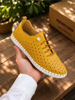 Hakiki Deri Delikli Ortopedik Kadın Ayakkabı Sarı Yazlık Comfort 36-43 Numara