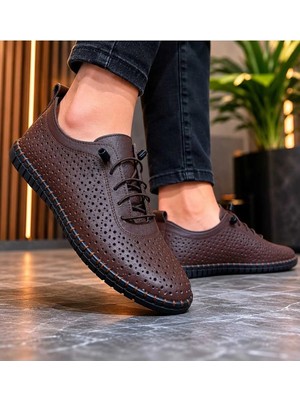 Kahve Hakiki Deri Kadın Büyük Beden Mevcut Ortopedik Günlük Ayakkabı Delikli Hafif Yazlık Comfort + 36-43