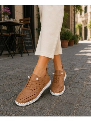 Taba Hakiki Deri Kadın Büyük Beden Mevcut Ortopedik Günlük Ayakkabı Delikli Hafif Yazlık Comfort + 36-43