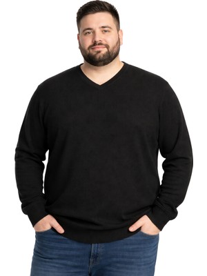 Battal Moda Erkek Büyük Beden Siyah V Yaka Triko Kazak 3xl-4xl-5xl-6xl