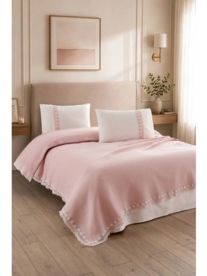 Sevim 4 Parça Kopanaki Dantelli & Püsküllü Çift Kişilik Pike Takımı - %100 Pamuk - 210 X230 cm - Somon