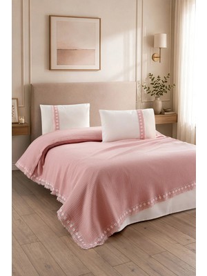 Sevim 4 Parça Kopanaki Dantelli & Püsküllü Çift Kişilik Pike Takımı - %100 Pamuk - 210 X230 cm - Pudra