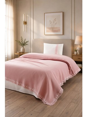 Sevim Tek Kişilik Kopanaki Dantelli & Püsküllü Pike Takımı 3 Parça - %100 Pamuk - 160X230 cm - Pudra