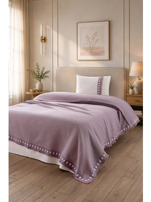 Sevim Tek Kişilik Kopanaki Dantelli & Püsküllü Pike Takımı 3 Parça - %100 Pamuk - 160X230 cm - Mürdüm