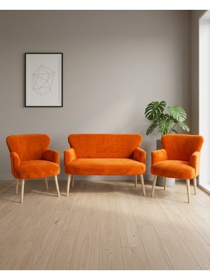 Azra Mobilya Roma 2+1+1 Welsoft Tüylü Yumuşak Kumaş Çay Seti Koltuk Takımı - Ahşap Ayak - Turuncu