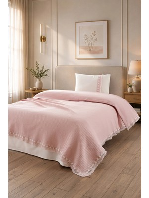 Sevim Tek Kişilik Kopanaki Dantelli & Püsküllü Pike Takımı 3 Parça - %100 Pamuk - 160X230 cm - Somon