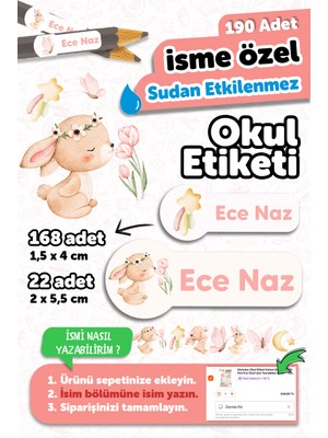 Msticker 190 Adet Kişiye Özel Okul Etiketi Isimli Kalem Defter Suluk Etiket Suya Dayanıklı Etiket Tavşan Tema