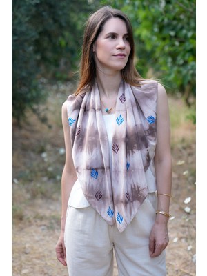 Defne Apollon İpekçilik %100 Ipek Batik Eşarp Kahve - Mavi Desenli