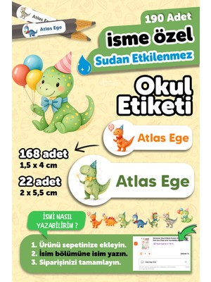 Msticker 190 Adet Kişiye Özel Okul Etiketi Isimli Kalem Defter Suluk Etiket Suya Dayanıklı Etiket Dinazorlar