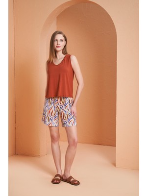Pjs Kadın Desenli Kiremit V Yaka Sıfır Kol Şortlu Pijama Takım