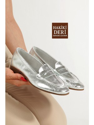 Modabuymus Gümüş Lame Renk Loafer Hakiki Deri Babet Ayakkabı Raga