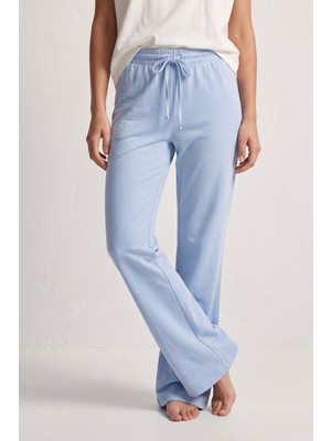elemge %100 Pamuk Süprem Kadın Pijama Altı Bol Kalıp Compact Penye Mavi Geniş Paça Ipli Terletmez Alt Cepsiz