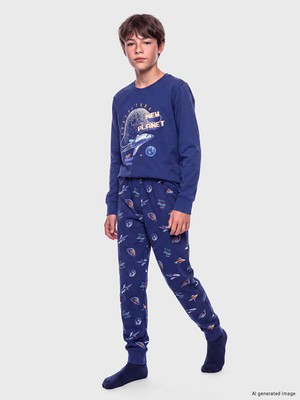 Lcw Lacivert Bisiklet Yaka Baskılı Erkek Çocuk Pijama Takım