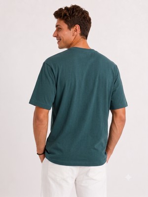 Vasto Moda Erkek Tam Oversize Kalıp Kalın %100 Pamuk Bisiklet Ribana Yakalı Petrol Yeşili T-Shirt
