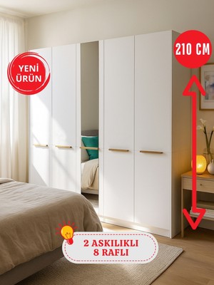 Dorpek Cosmos 5 Kapaklı Aynalı Gardırop 206 cm – Geniş Iç Hacimli, Modern Beyaz Dolap