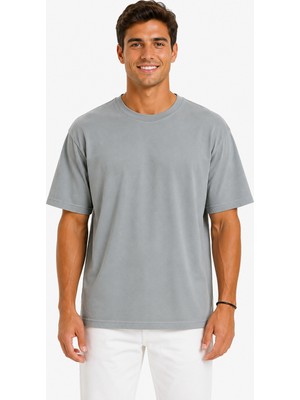 Vasto Moda Erkek Tam Oversize Kalıp Kalın Dokulu %100 Organik Pamuk Bisiklet Ribana Yakalı Açık Gri T-Shirt