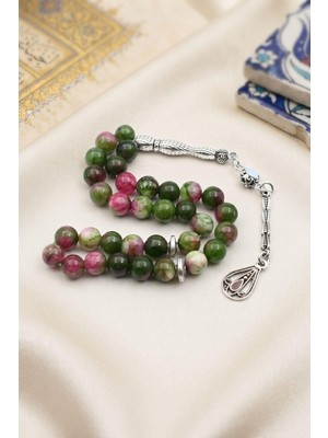 Prestige Gümüş Doğal Jade Yeşim Taşlı 33'lük Tesbih Metal Püsküllü 8mm Küre Kesim 902846