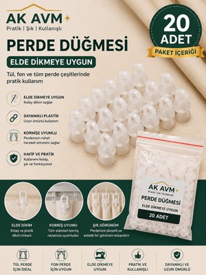 Ak Avm Perde Düğmesi Elde Dikmeye Uygun Korniş Uyumlu Tül Fon Perde Aksesuarı 20 Adet