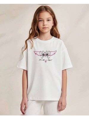 Lily Co Beyaz Stitch Karakterli Angel Kanat Baskılı Oversize Kız Çocuk Tişörtü