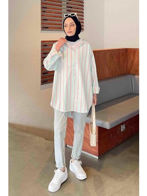 Lamelif Oversize Kalın Çizgi Detaylı Gömlek Su Yeşili