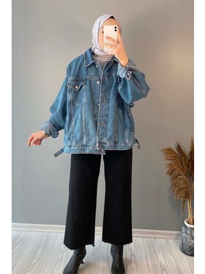 Lamelif Çift Cepli Oversize Ceket Açık Mavi