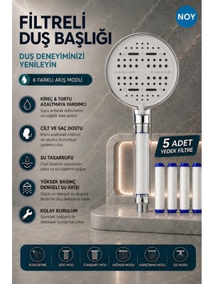 NOY Filtreli Duş Başlığı  + 5 Yedek Filtre, Klor ve Kireç Önleyici  ,  6 Akış Modlu - Krom