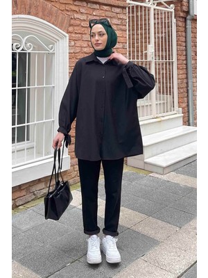 Lamelif Kol Detaylı Gömlek Oversize Gömlek Siyah
