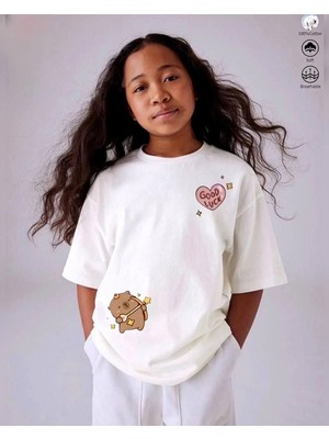 Lily Cokrem Good Luck Capybara Baskılı Pamuklu Oversize Unisex Çocuk Tişörtü